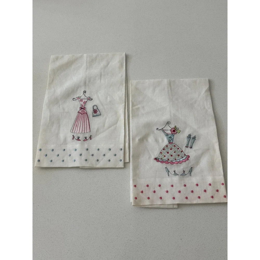 Vintage Style Embroidered Dress Tea Towels Set of 2 Pink Blue Polka Dot Linen